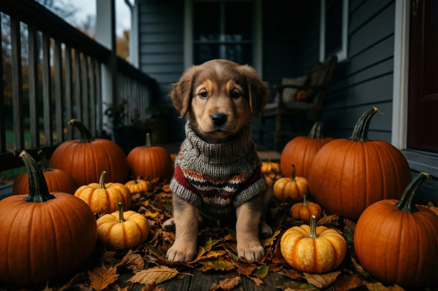 Een kleine puppy met een gebreide trui zit op een houten veranda tussen pompoenen en gevallen bladeren, met een huis op de achtergrond.