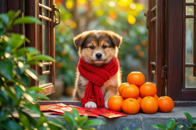 Een kleine puppy met een rode gebreide sjaal zit op een stenen trede naast mandarijnen en rode enveloppen, bij houten deuren met groene bladeren rondom.