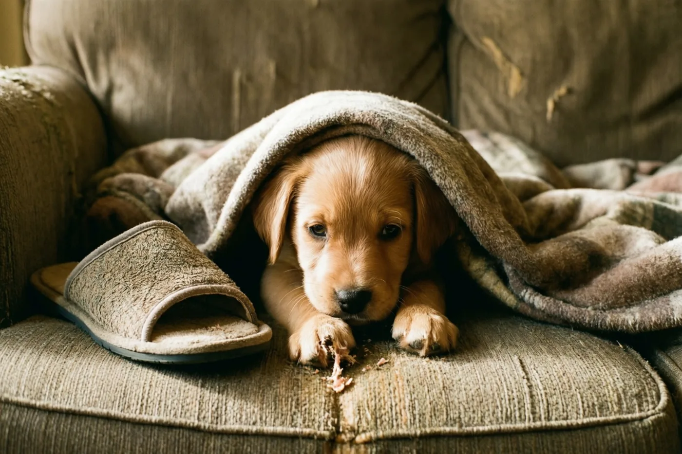 Een goldenretrieverpuppy kijkt van onder een deken op een versleten zetel, naast een aangeknaagde pantoffel in warme aardetinten.