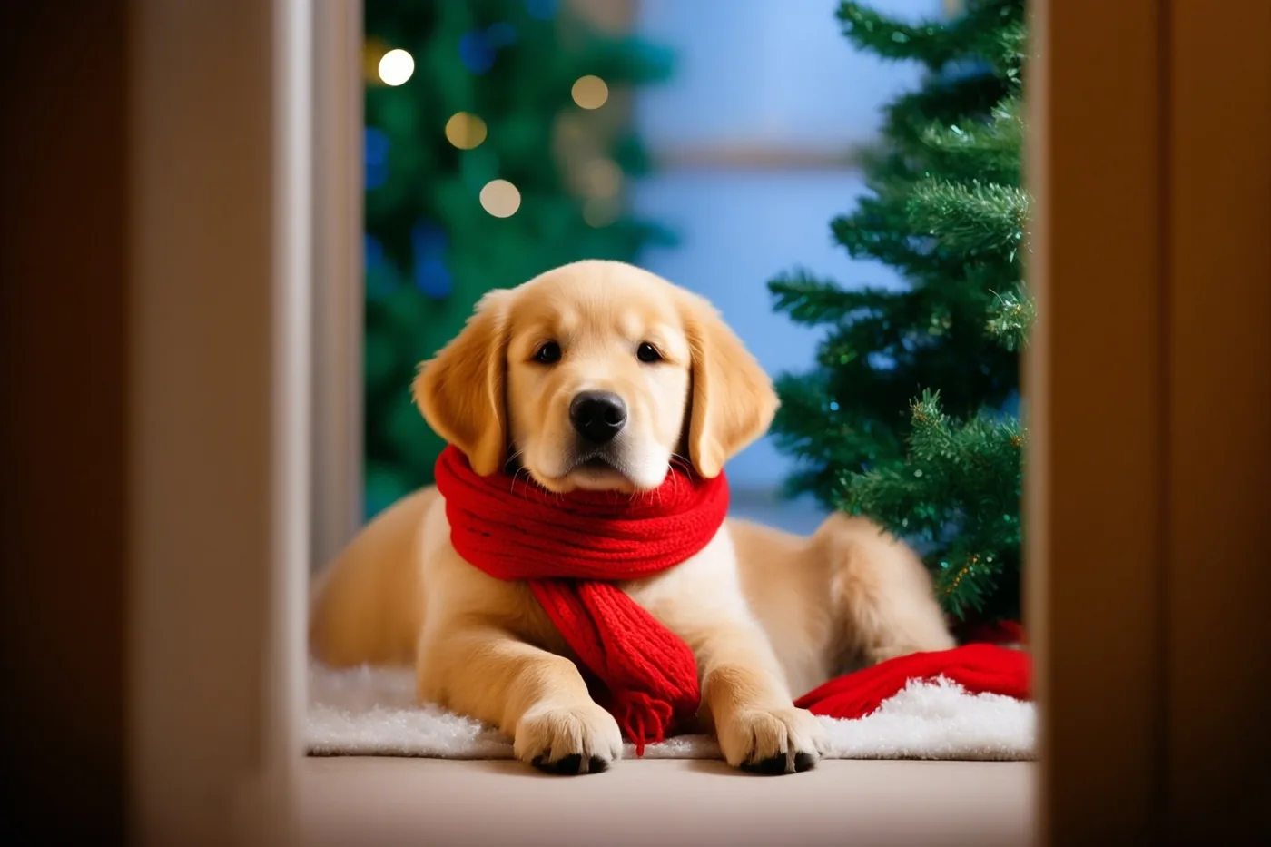 Een goldenretrieverpup met een rode sjaal ligt op een wit tapijt naast een versierde kerstboom, gezien door een houten deuropening.