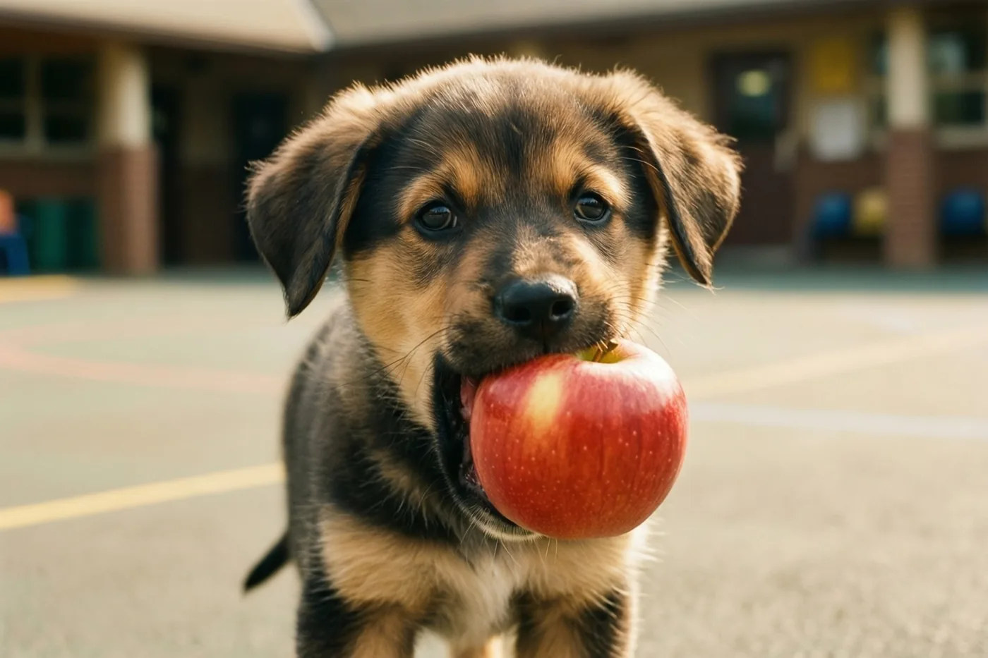 Een zwart-bruine puppy draagt een rode appel in zijn bek over een verharde speelplaats in warm zonlicht.