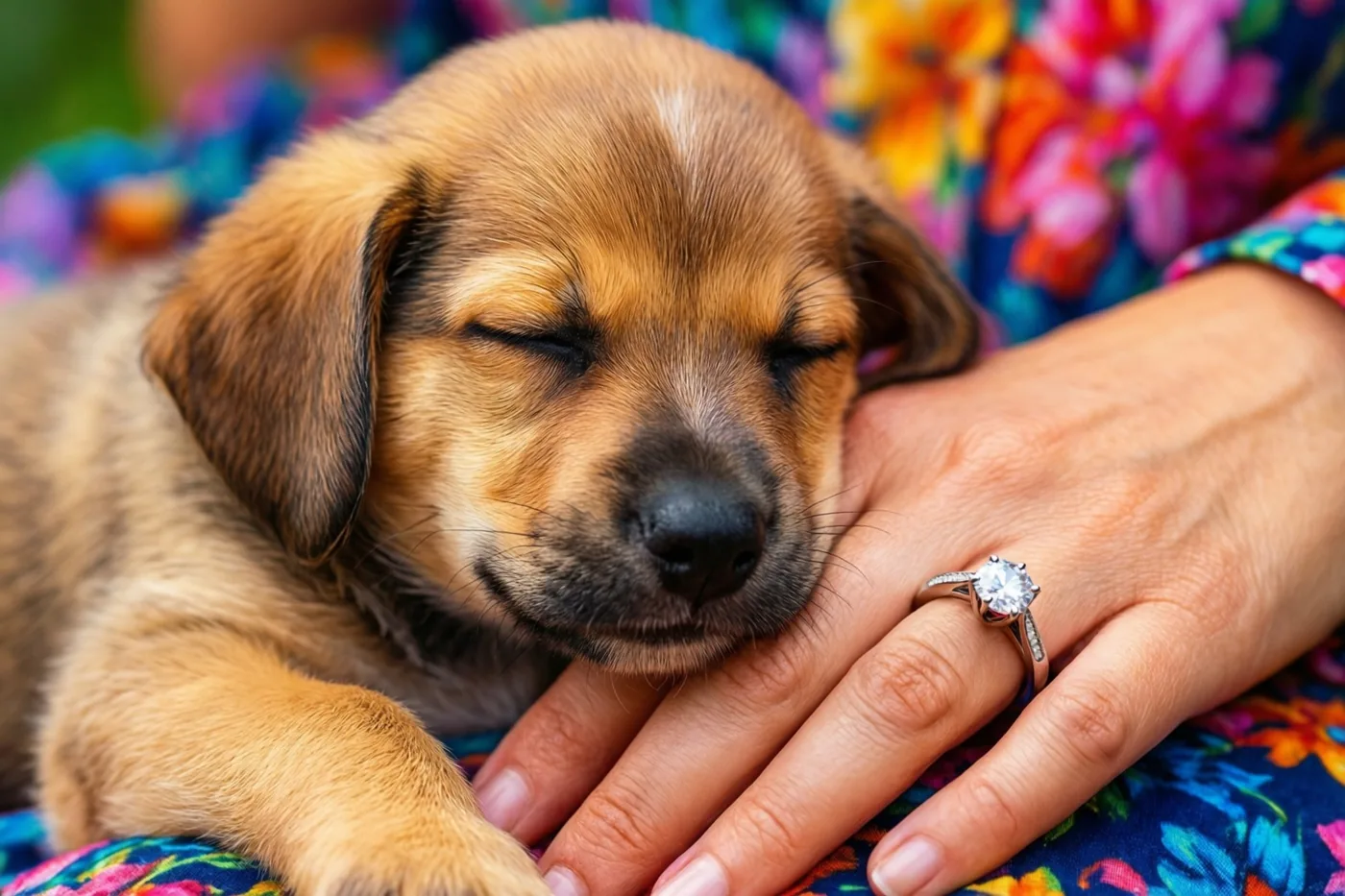 Een kleine bruine puppy slaapt met zijn kop tegen een vrouwenhand met een verlovingsring met één steen, met een kleurrijke bloemenstof op de achtergrond.