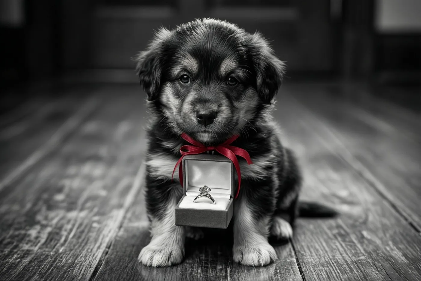 Een puppy zit op een houten vloer met een open ringdoosje in zijn bek en een rood lint aan zijn halsband, waarbij het lint en de zilverkleurige ring opvallen in het verder vrijwel kleurloze beeld.