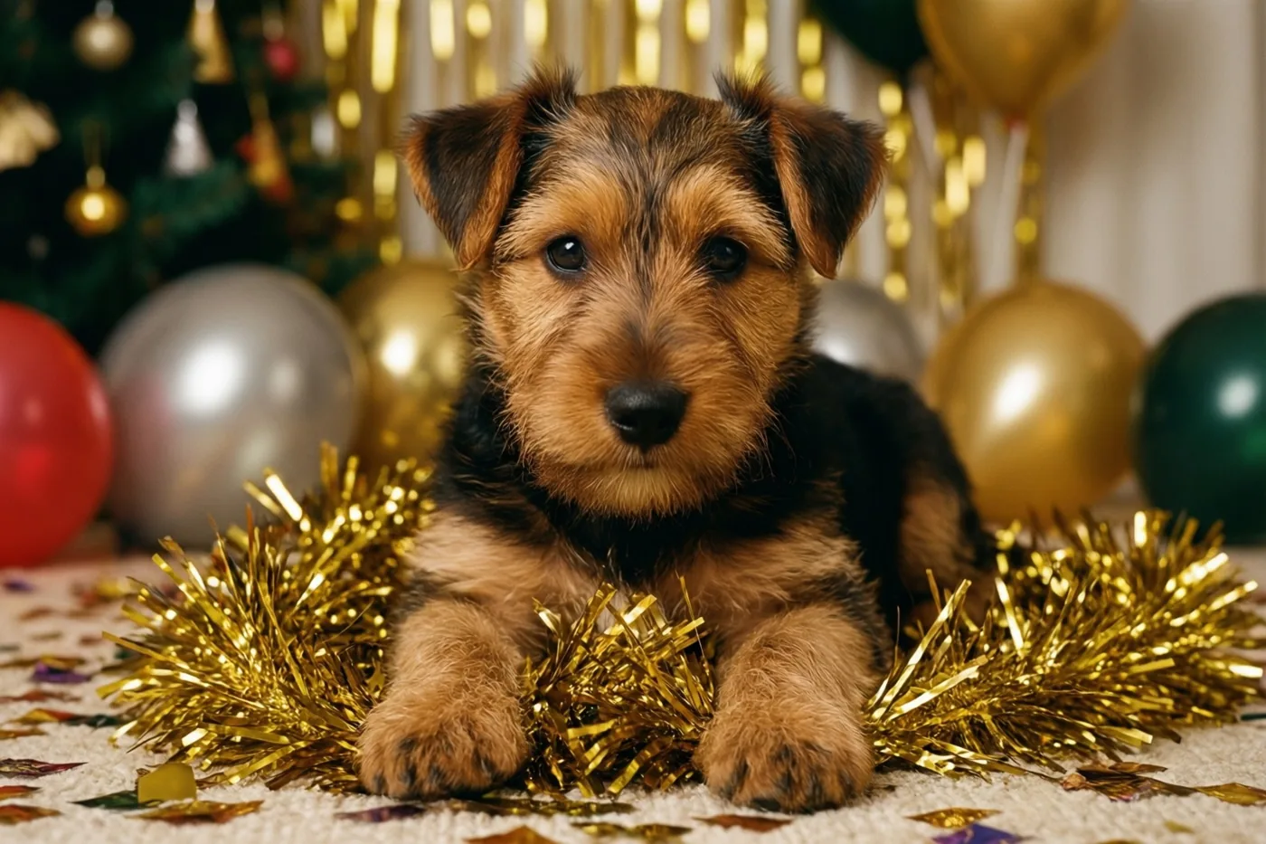 Een bruinzwarte terriërpup ligt tussen gouden slingers en ballonnen, met een versierde kerstboom en feestdecoratie op de achtergrond.