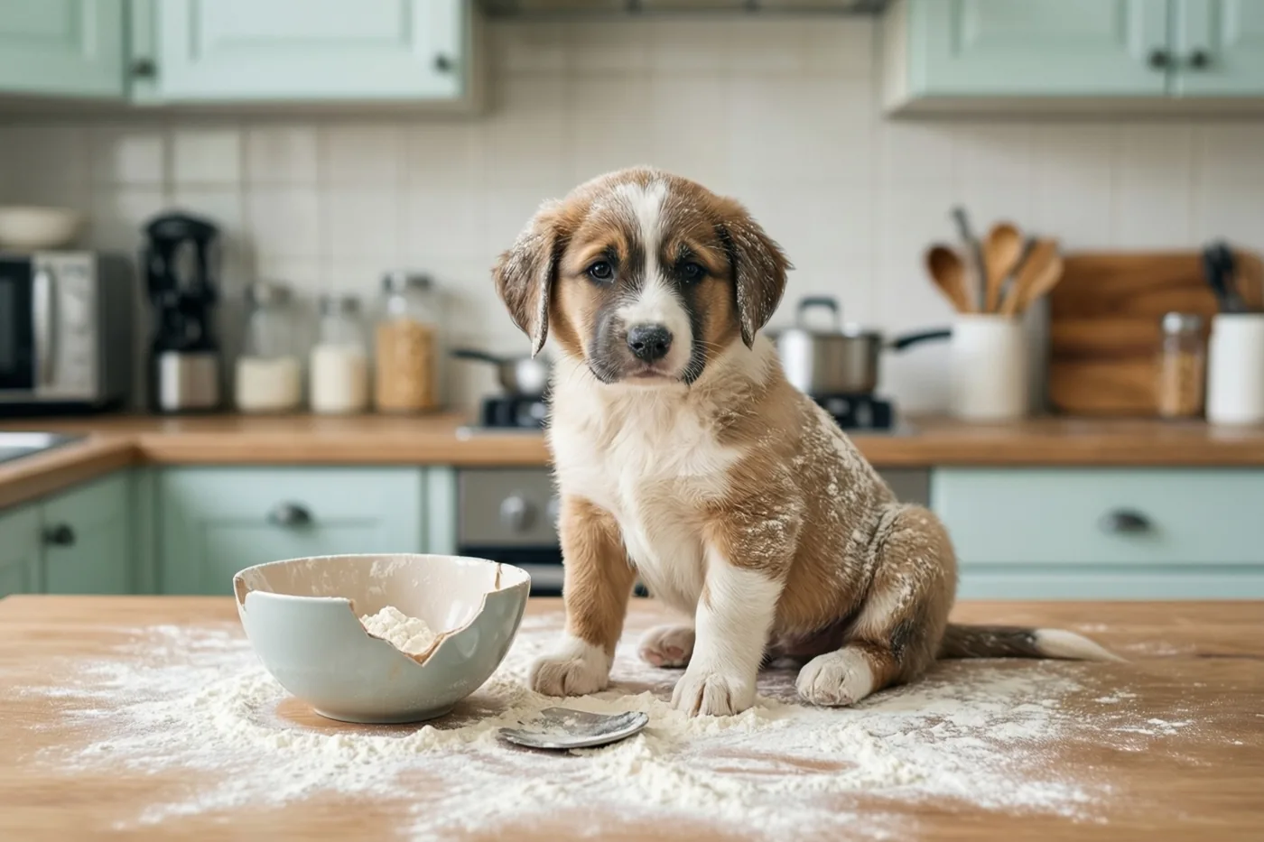 Een bruin-witte puppy zit op een houten keukenwerkblad vol bloem naast een gebroken keramieken kom, met lichtgroene kasten op de achtergrond.