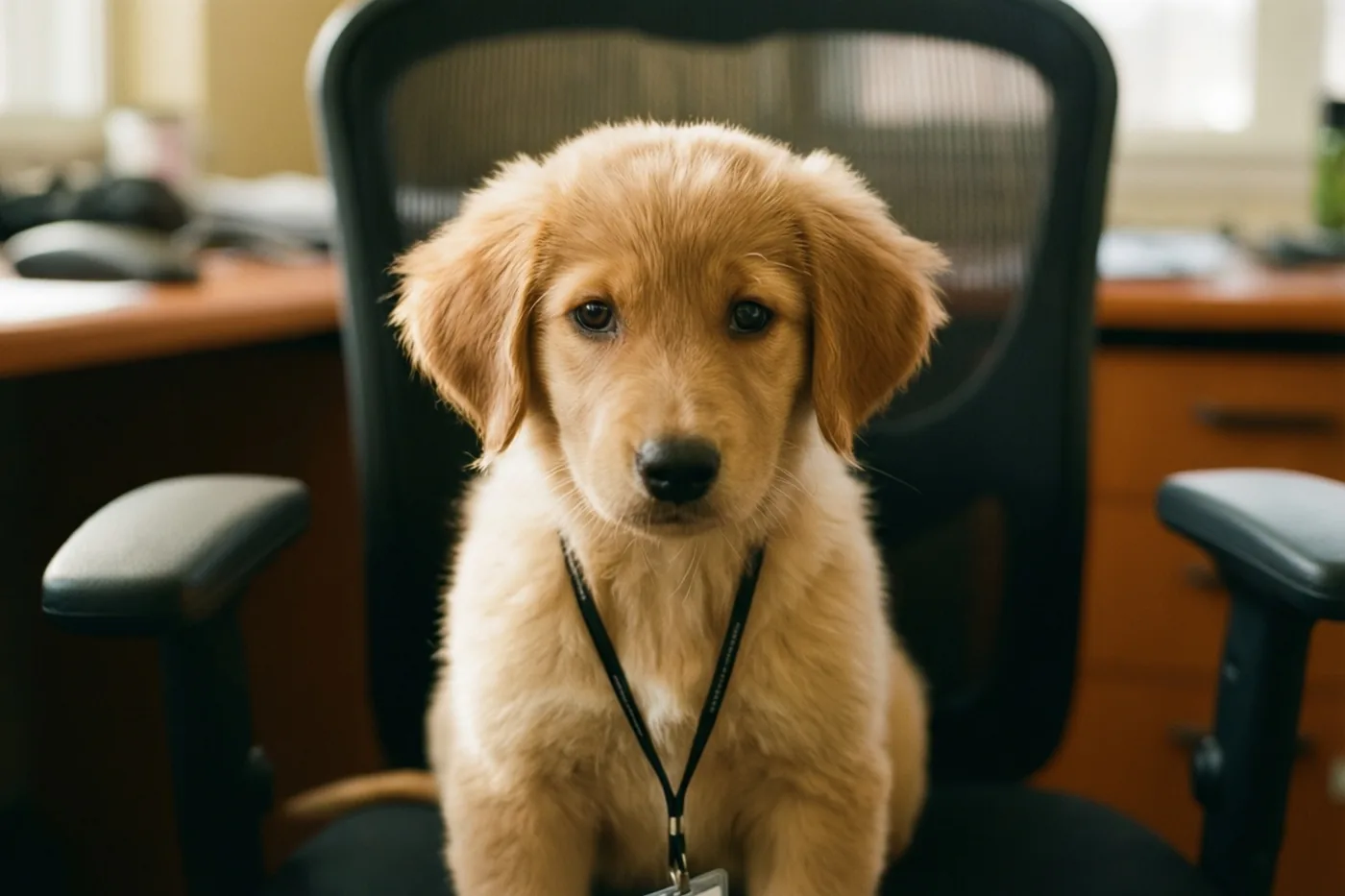 Een goldenretrieverpuppy zit rechtop op een zwarte bureaustoel met een onbedrukt zwart halskoord, in een kantoor met houten bureaus en een wazige achtergrond.