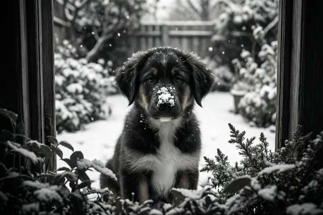 Een puppy in de winterstilte
