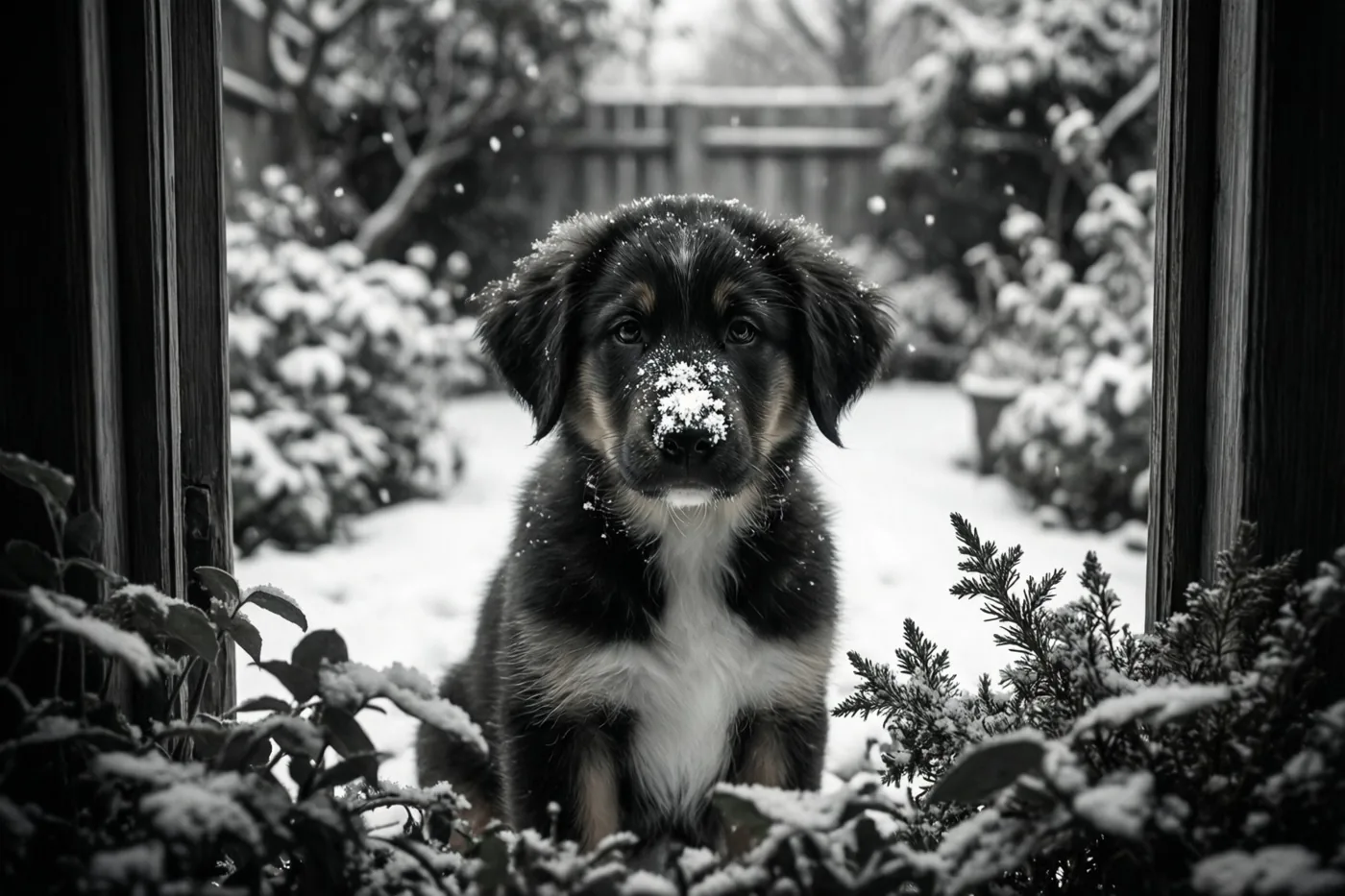 Op een zwart-witfoto zit een puppy met sneeuwvlokken op zijn neus en vacht in een besneeuwde tuin, omlijst door donkere houten deurposten en besneeuwde planten.