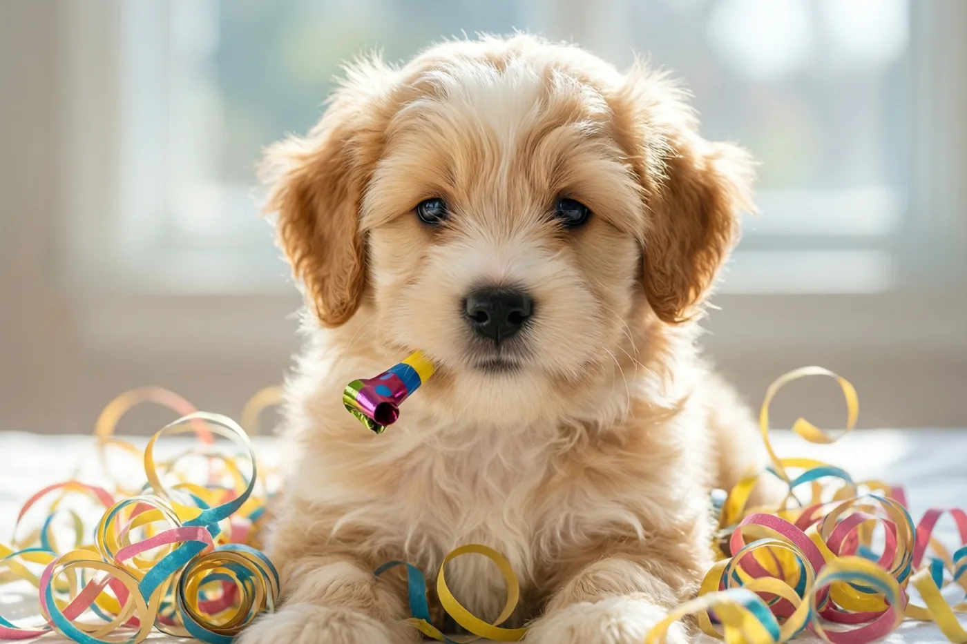 Een pluizige goudkleurige puppy zit tussen kleurrijke serpentines met een klein feesttoetertje in zijn bek, in helder licht tegen een wazige achtergrond.