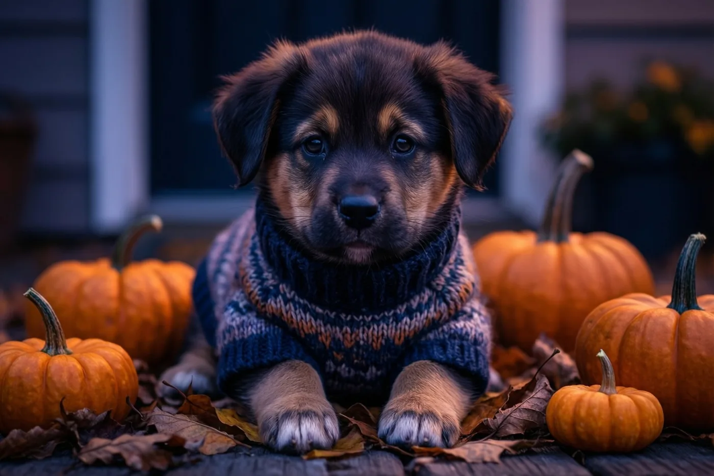 Een kleine puppy met een gebreide trui zit op een houten veranda tussen oranje pompoenen en gevallen bladeren tegen een koelblauwe achtergrond.