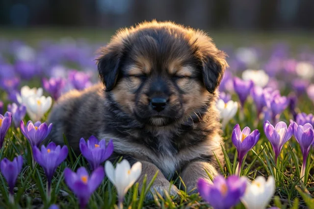 Puppy droomt van de lente