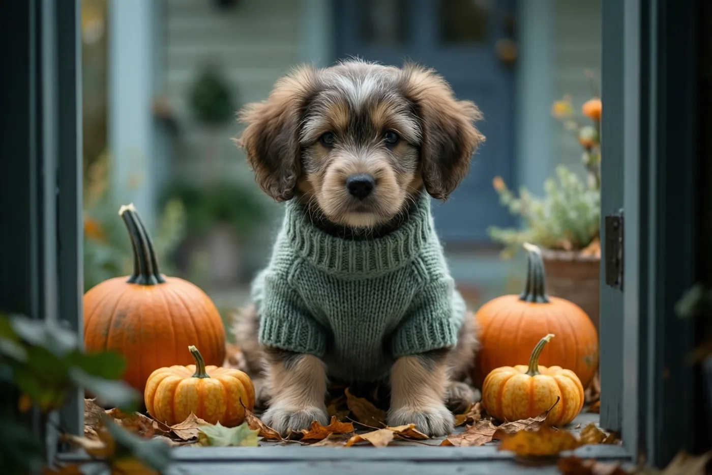 Een kleine puppy met een groene gebreide trui zit op een veranda tussen oranje pompoenen en gevallen bladeren, met een gedempte blauwe deur op de achtergrond.