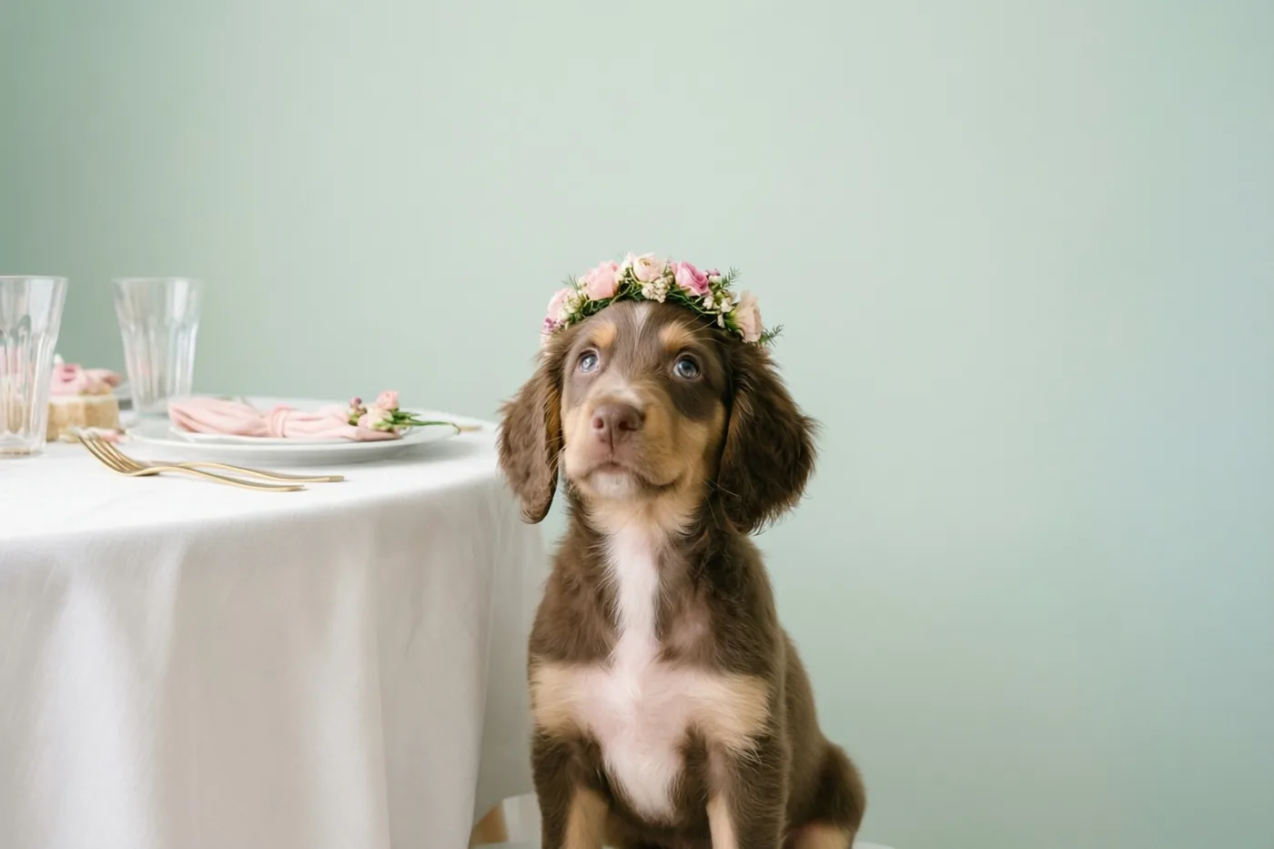 Een bruin-witte puppy met een roze-witte bloemenkroon zit naast een feesttafel met een wit kleed, voor een lichtgroene muur in zacht daglicht.
