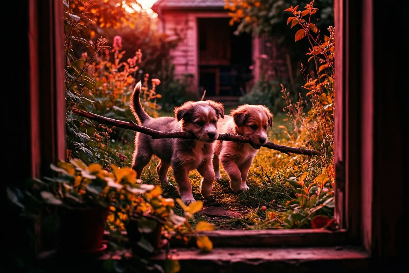 Door een raam zie je twee puppy's die samen een lange stok door een tuin dragen, in warm goudkleurig licht met oranje, rode en groene tinten.
