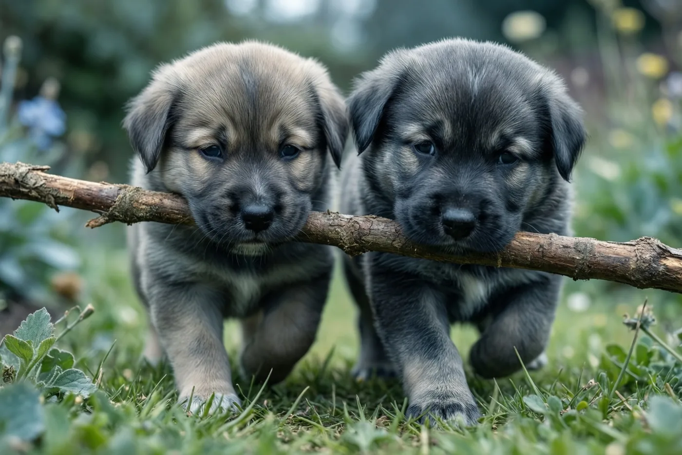 Twee puppy's lopen naast elkaar over het gras in een tuin en dragen elk een uiteinde van een lange stok, met onscherp groen op de achtergrond.