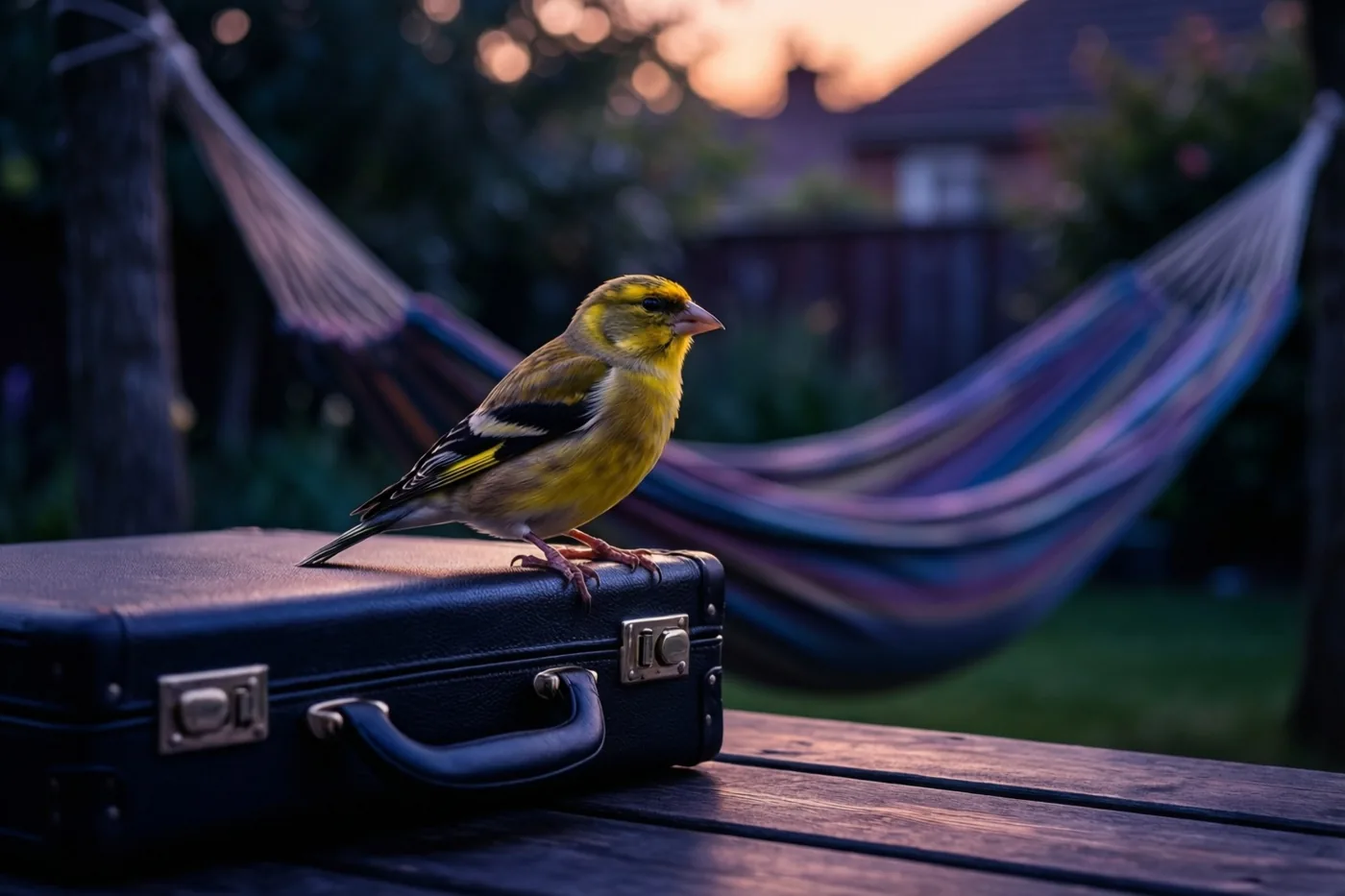 Een putter zit op het handvat van een zwarte aktetas op een houten tuintafel, met een kleurrijke hangmat en een zonsondergang op de achtergrond.