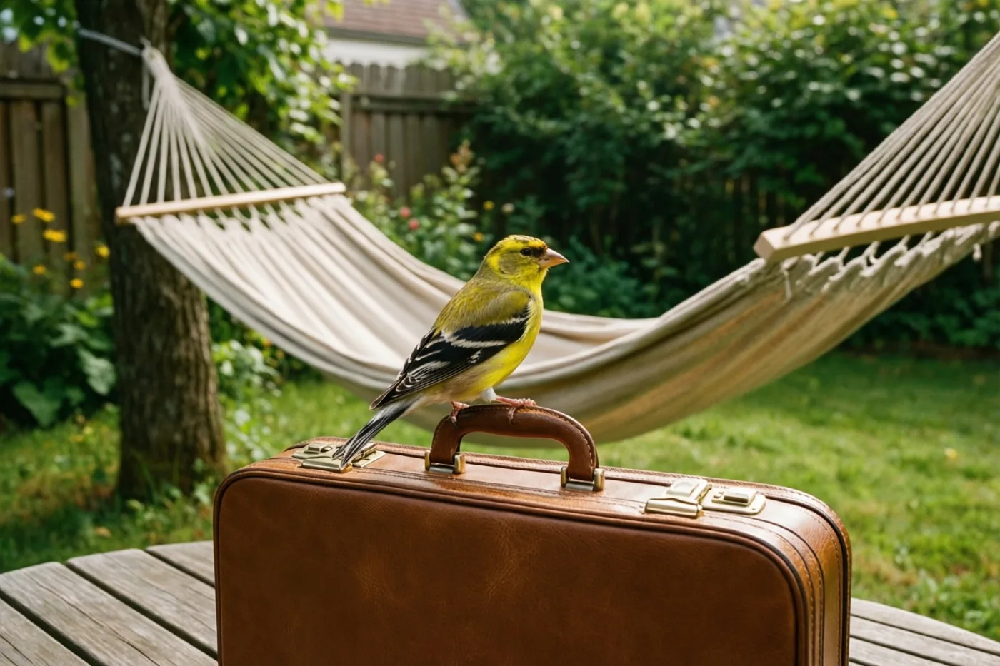 Een putter zit op het handvat van een bruine leren aktetas op een houten tuintafel, met een beige hangmat tussen bomen in een groene tuin op de achtergrond.