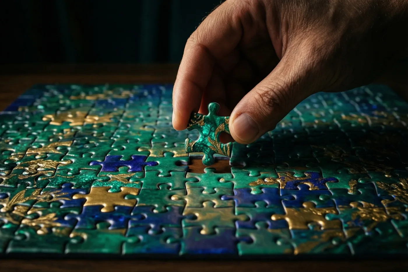 Een hand legt het laatste stukje in een legpuzzel met een groen, blauw en goudkleurig patroon op een houten oppervlak.