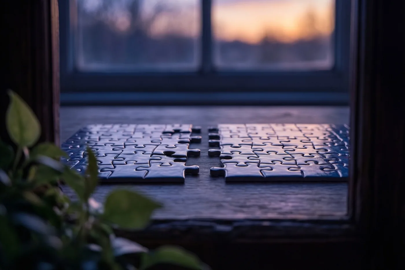Een legpuzzel waarin twee stukjes ontbreken ligt op een houten vensterbank, gezien door een raamkozijn in het warme licht van de zonsondergang.