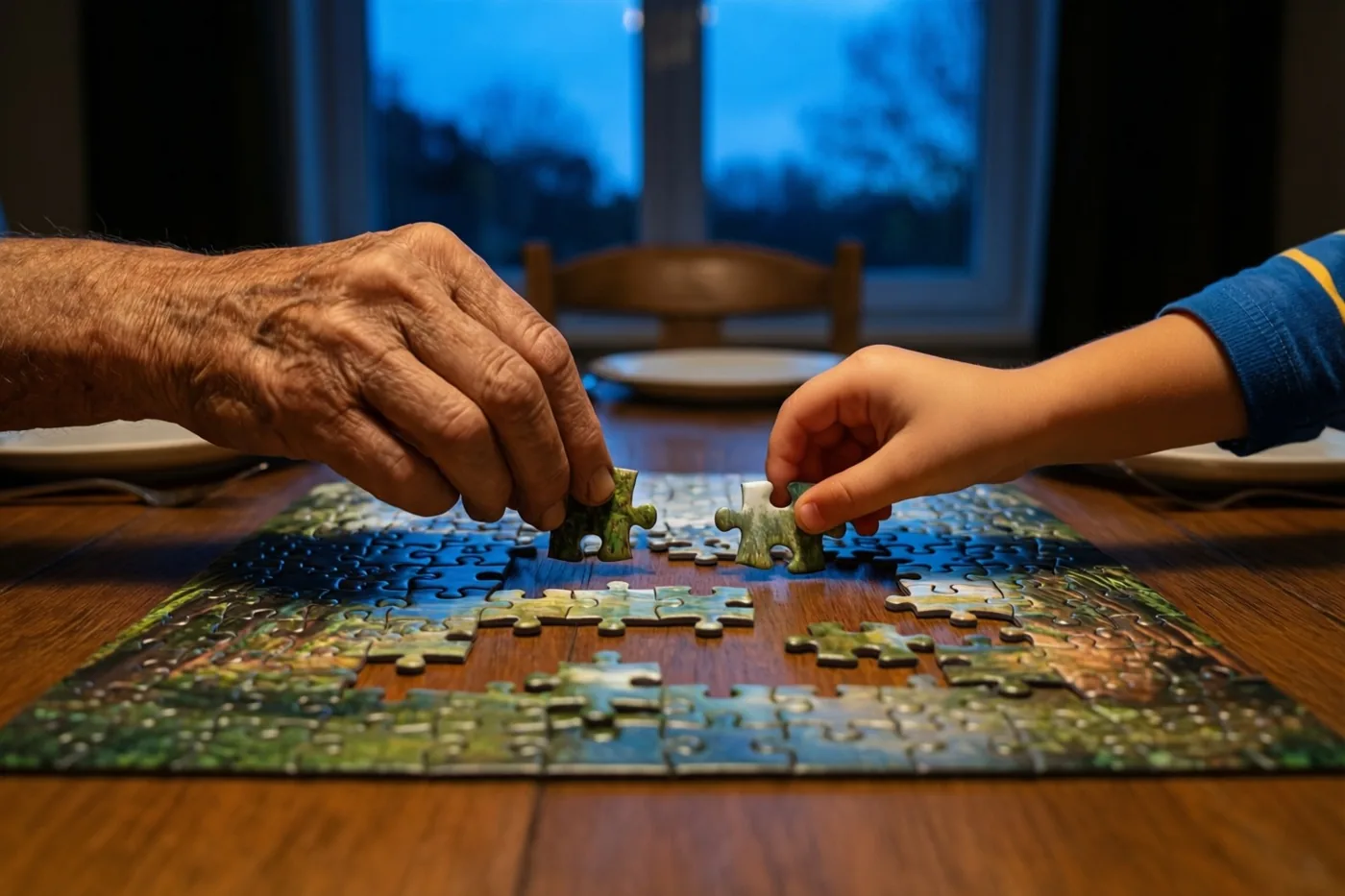 Een oudere hand en een kinderhand passen puzzelstukjes in elkaar op een houten tafel, met een blauwe schemerlucht achter het raam.