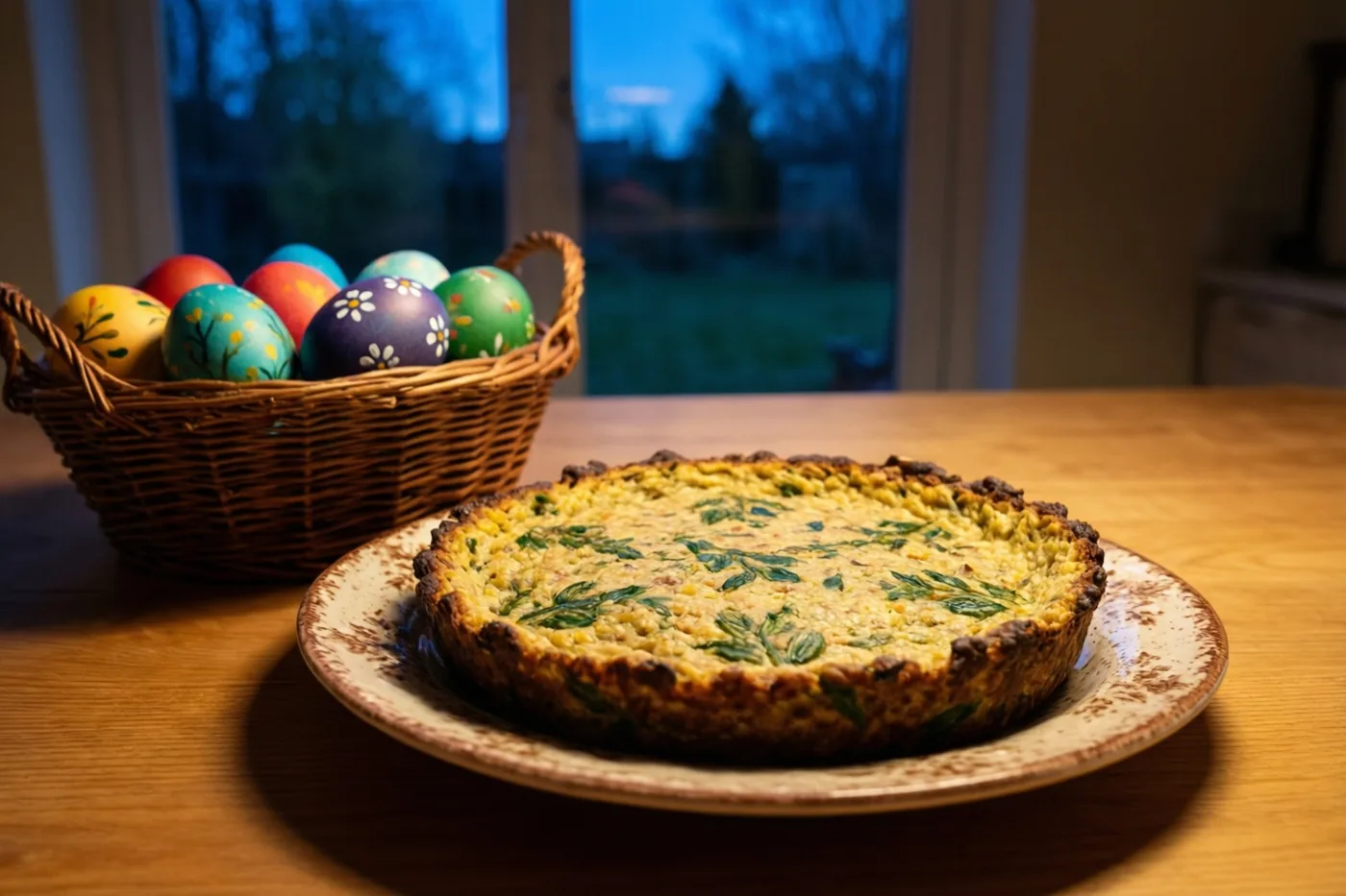 Een goudbruine quiche staat op een rustiek bord op een houten tafel naast een rieten mand met beschilderde paaseieren, bij een raam met een schemerig blauw uitzicht.