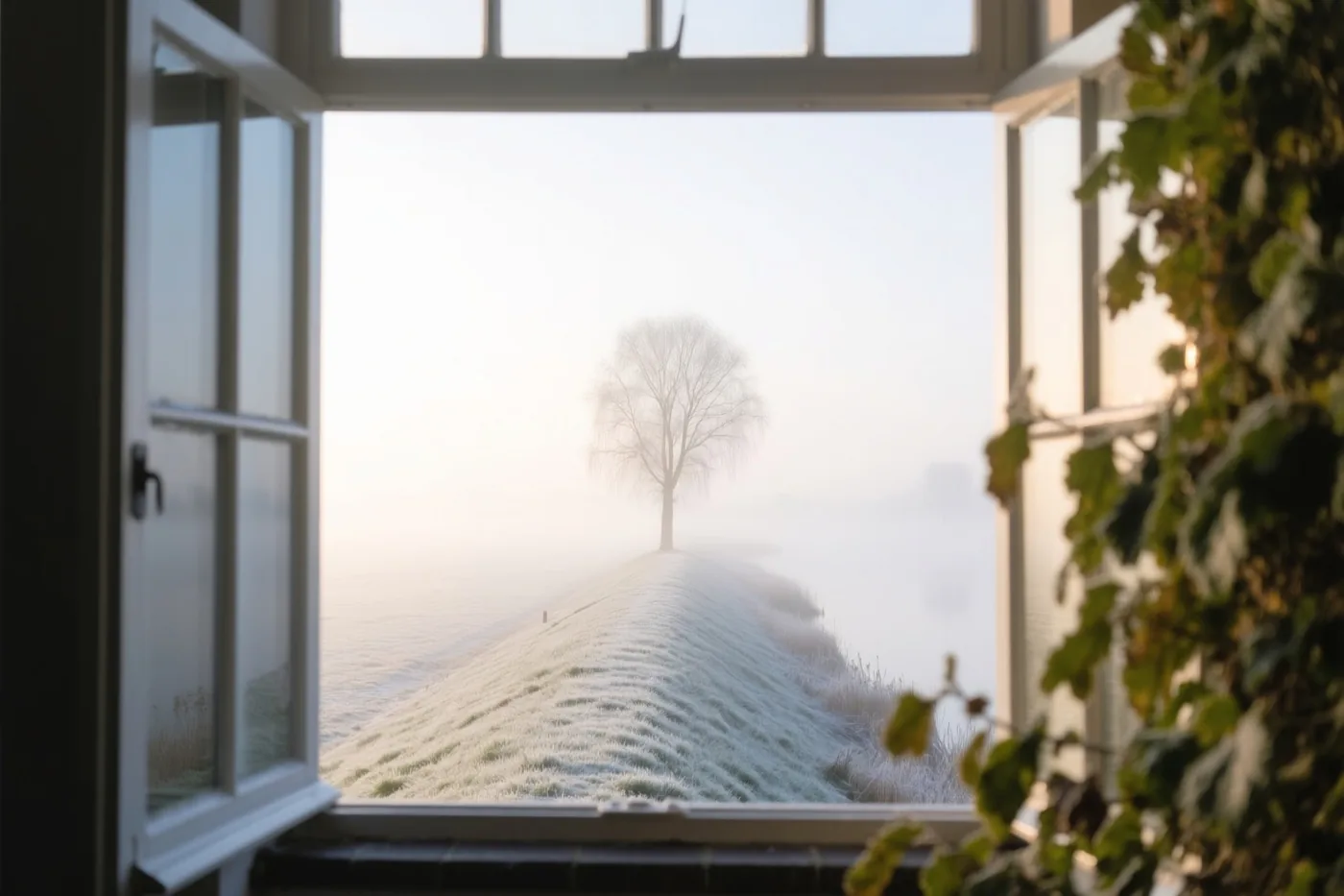 Door een open raam met onscherp groen eromheen is een berijpte dijk met een kale boom te zien in de winterse ochtendnevel.
