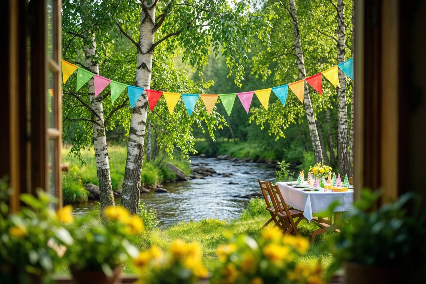 Door een raam met een houten kader is een feesttafel op een grasrijke oever te zien, met kleurrijke driehoekige vlaggetjes tussen berken boven een stromende beek.