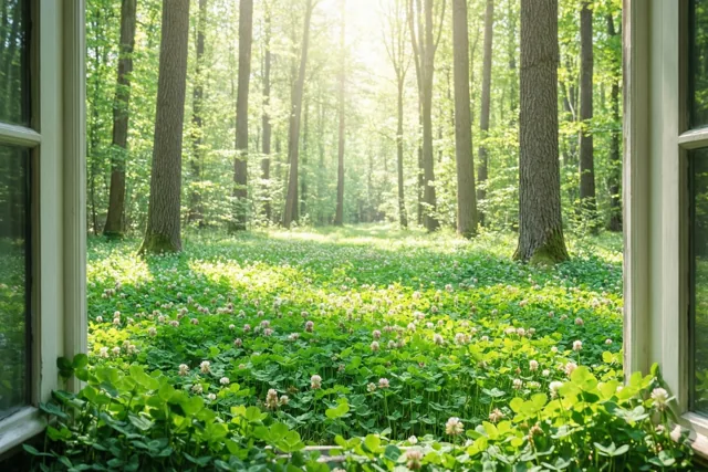 Door een raamkozijn is een open plek in het bos te zien met groene klaver en witte bloemen in het zonlicht tussen hoge bomen.