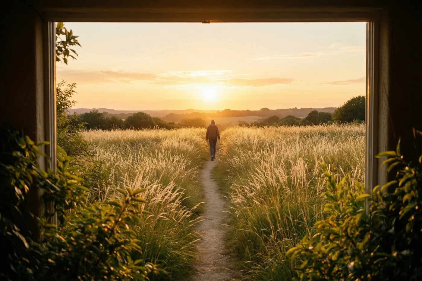 Door een raam is vanuit een kamer een persoon te zien die over een pad door hoog gras naar een gouden en oranje zonsondergang loopt.
