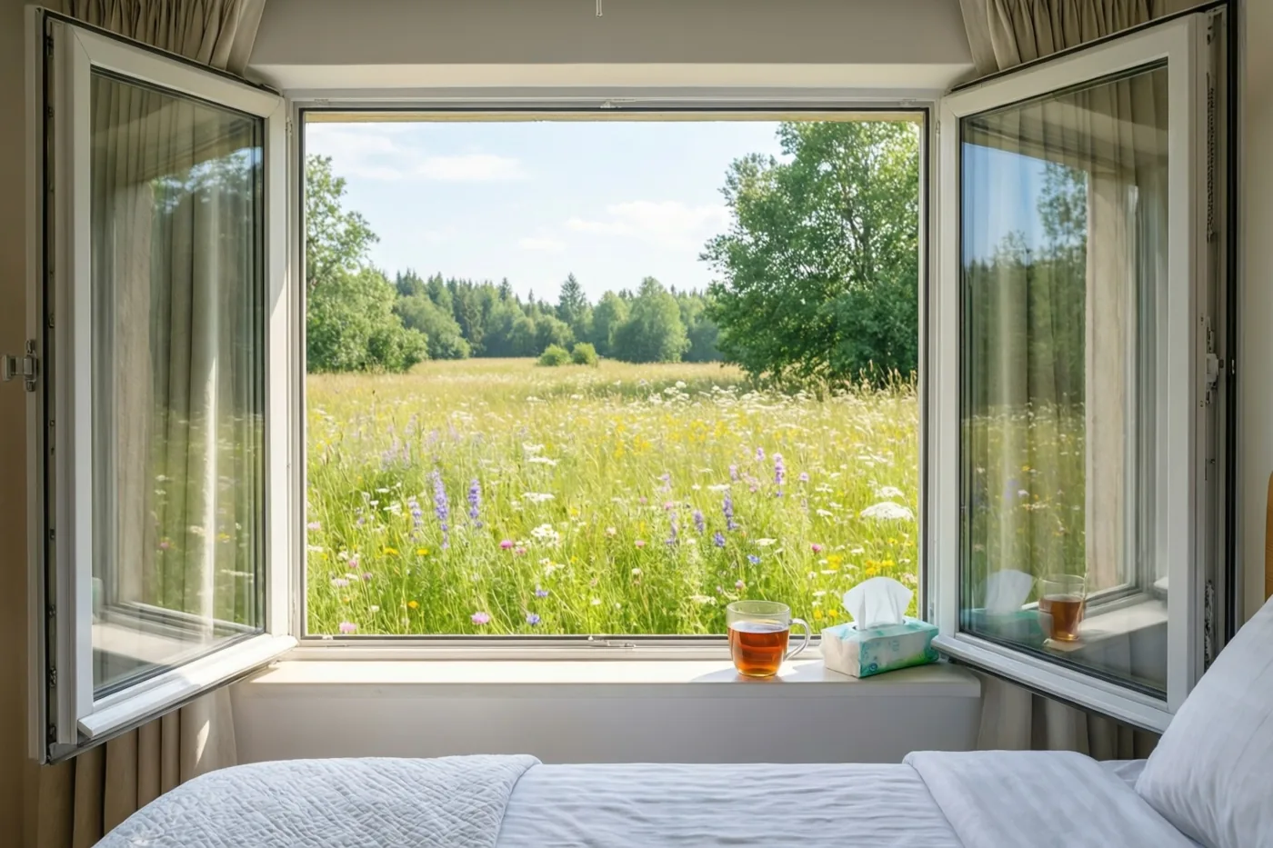 Een open slaapkamerraam kijkt uit op een zonnige bloemenweide, met een mok thee en zakdoekjes op de vensterbank in een tafereel met groene, witte en bruine tinten.