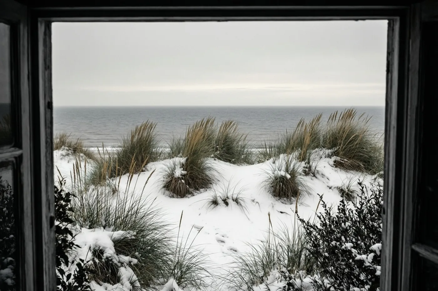Een houten raam omlijst besneeuwde duinen met helmgras, met daarachter een staalgrijze zee en een bleke hemel.