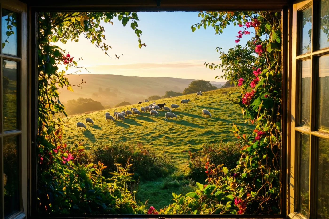 Door een open raam, omringd door groen en roze bloemen, zijn grazende schapen op een zonnige helling met lange ochtendschaduwen te zien.