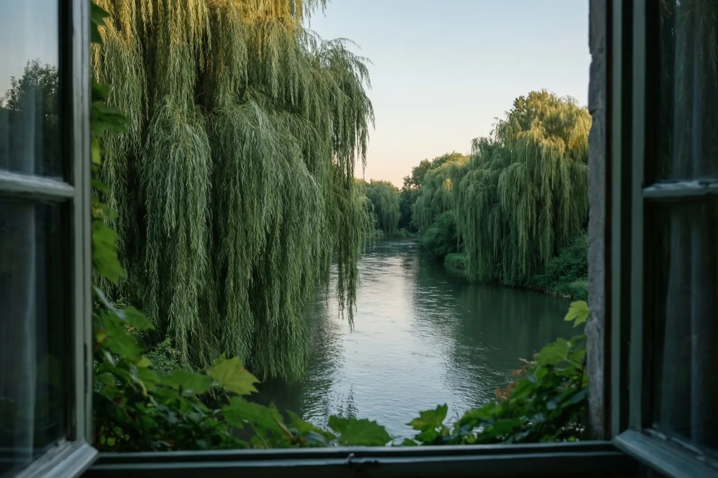Door een open raam is een rivier te zien met treurwilgen langs de oevers, in zacht avondlicht met groene en blauwe tinten.