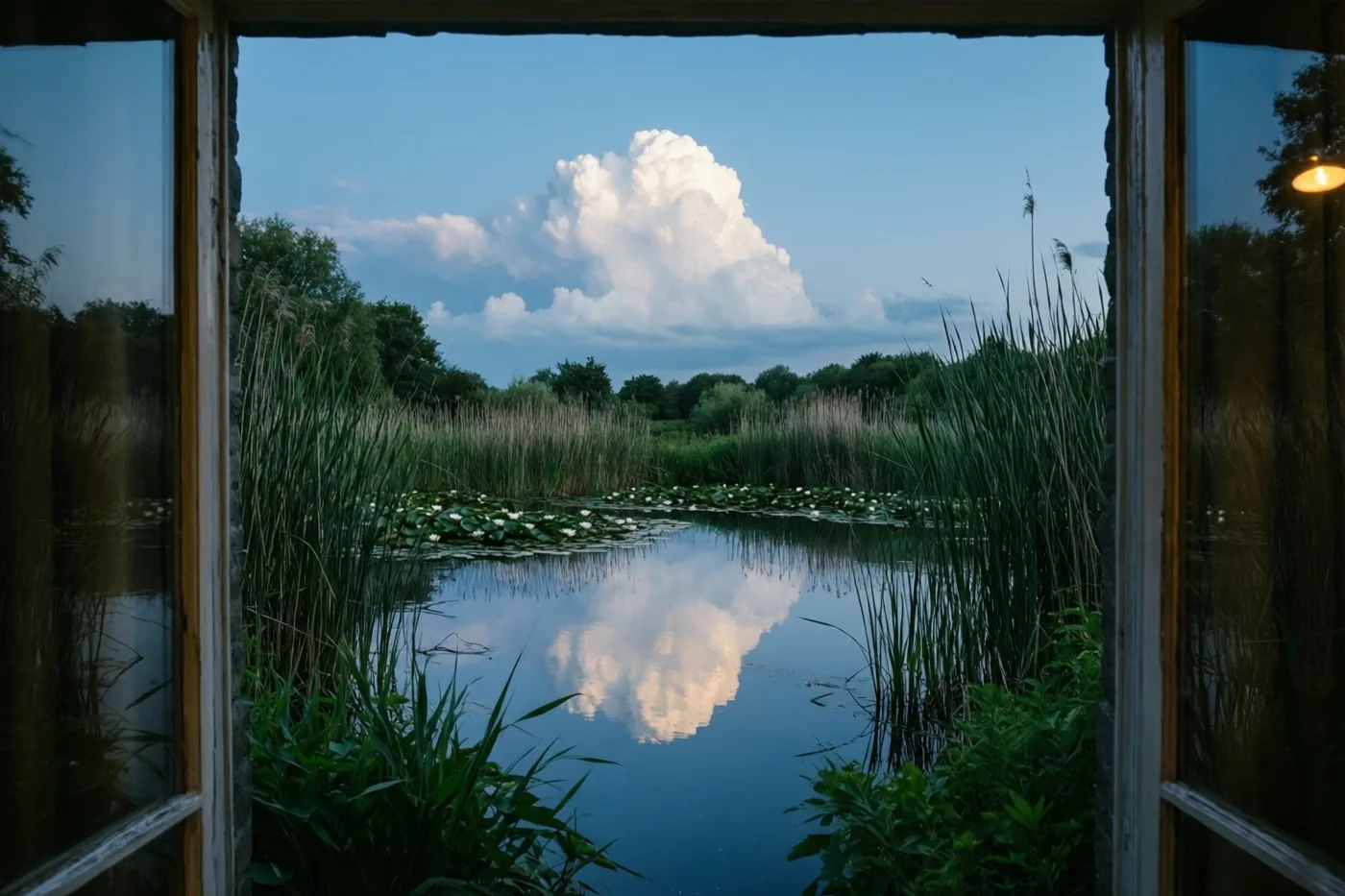 Door een raam met een houten kader is een kalme vijver met riet en waterlelies te zien, waarin een grote witte wolk en de blauwe hemel weerspiegelen.