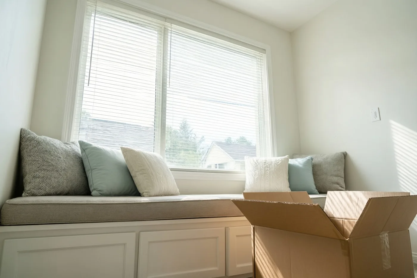 Een raambank met kussens staat in een lichte, pas ingerichte kamer met beige, witte en zacht blauwgrijze tinten.