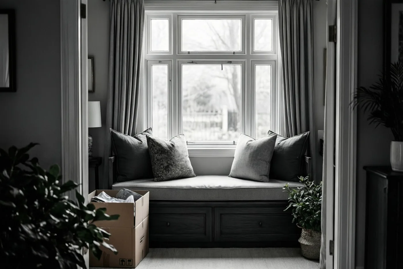 Op een zwart-witfoto staat een raambank met kussens naast een kartonnen verhuisdoos in een nieuwe woning.