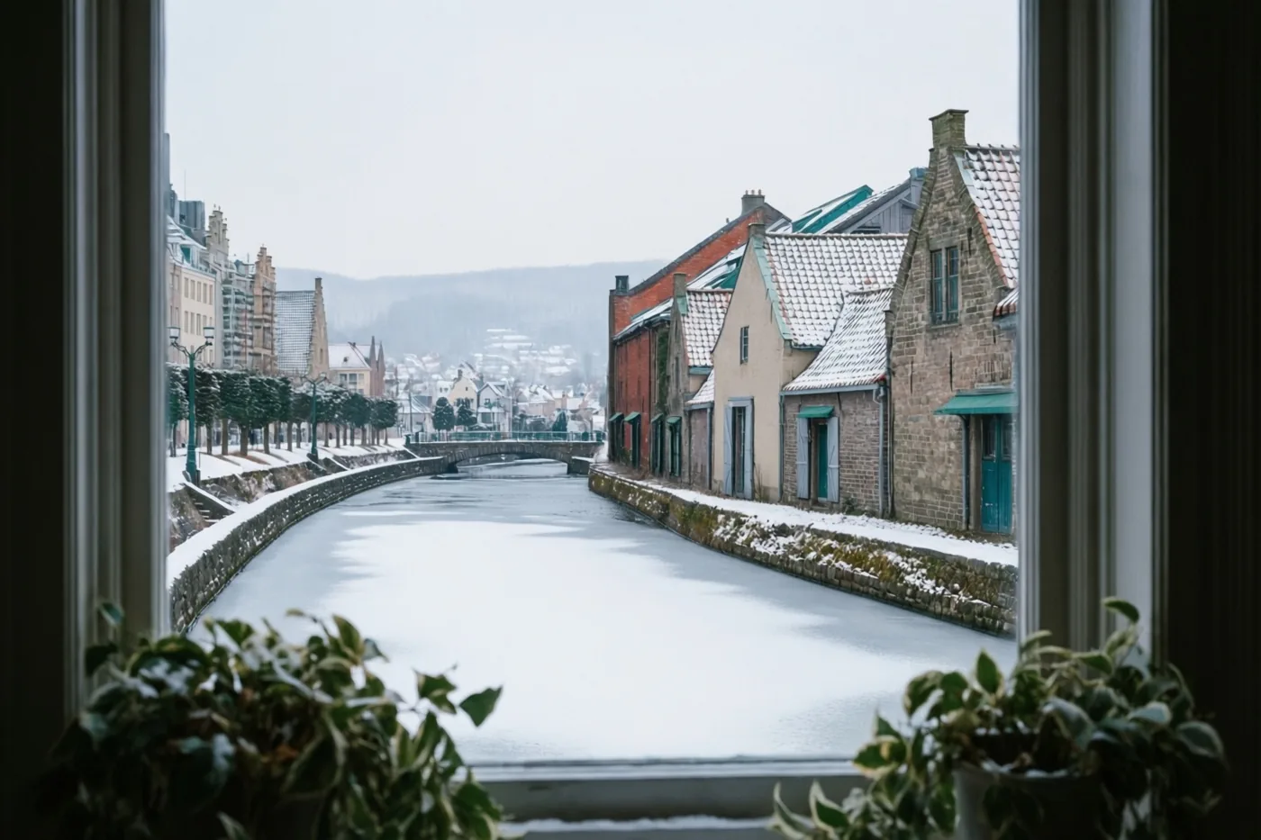 Vanuit een kamer biedt een raam zicht op een bevroren kanaal met oude besneeuwde koopmanshuizen in zachte, gedempte tinten.
