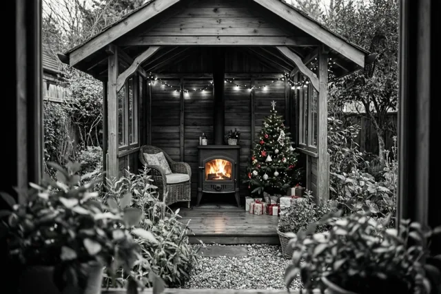 Door een raam is een houten tuinhuis met een brandende houtkachel, een versierde kerstboom en lichtslingers te zien, met planten op de voorgrond.