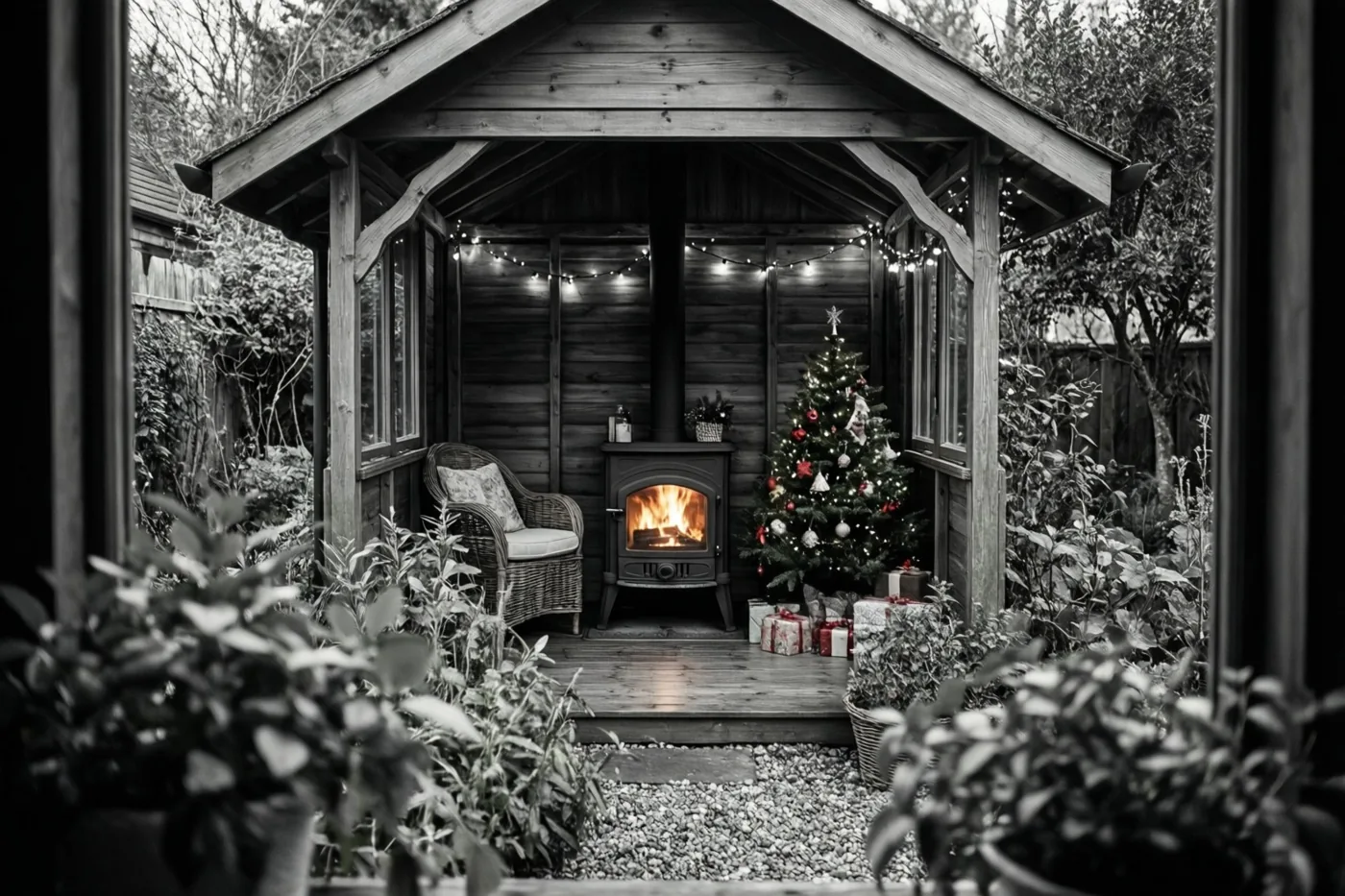 Door een raam is een houten tuinhuis met een brandende houtkachel, een versierde kerstboom en lichtslingers te zien, met planten op de voorgrond.