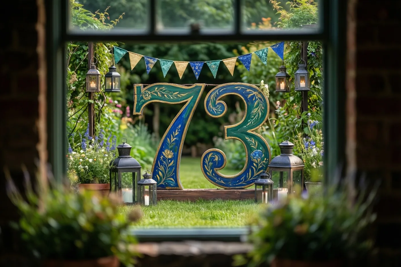 Door een raamkozijn is een tuin te zien met een groot beschilderd houten bord met 73, gras, bloemen, vlaggetjes en brandende lantaarns.