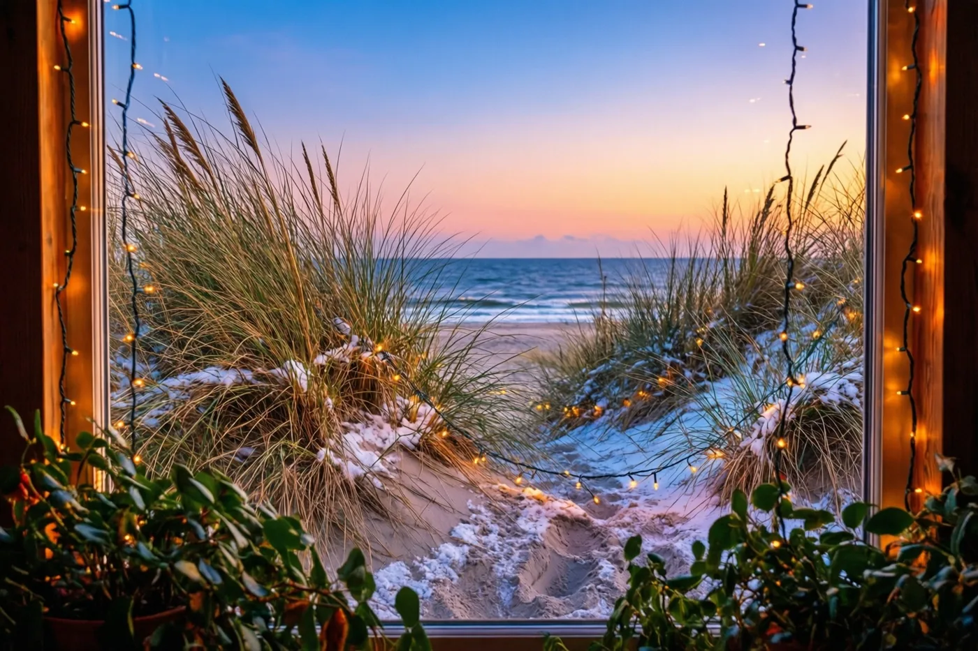 Door een raam met warme lichtslingers en groene planten op de voorgrond zijn besneeuwde duinen met helmgras en lichtjes te zien, met de zee erachter bij schemering.