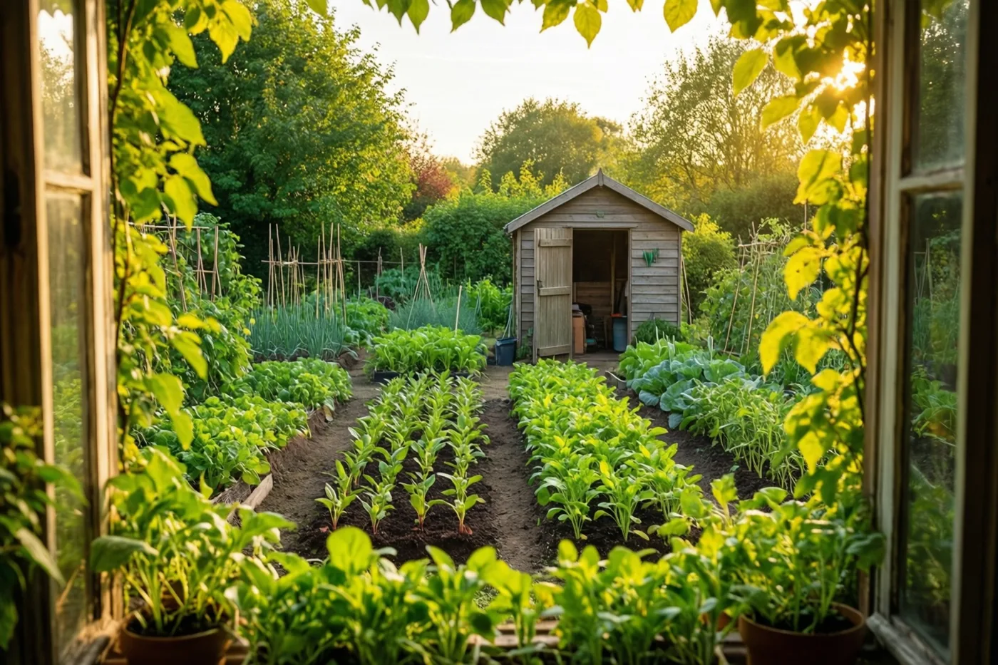 Door een raamkader is een volkstuin met nette rijen groene zaailingen en een klein houten schuurtje te zien in warm goudkleurig zonlicht.