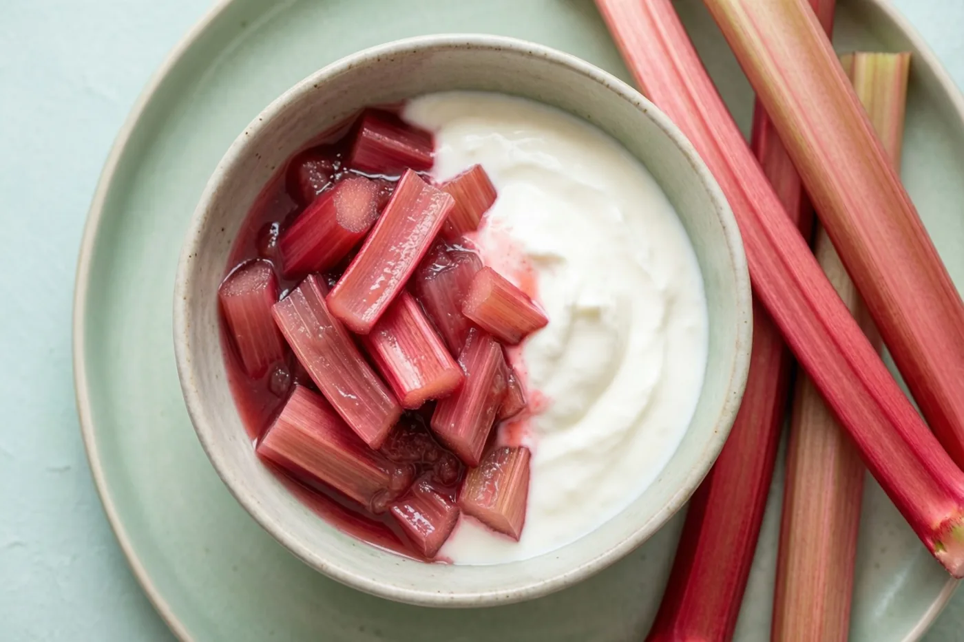 Een keramieken kom roze rabarbercompote met yoghurt staat op een lichtgroen bord naast verse rabarberstengels.