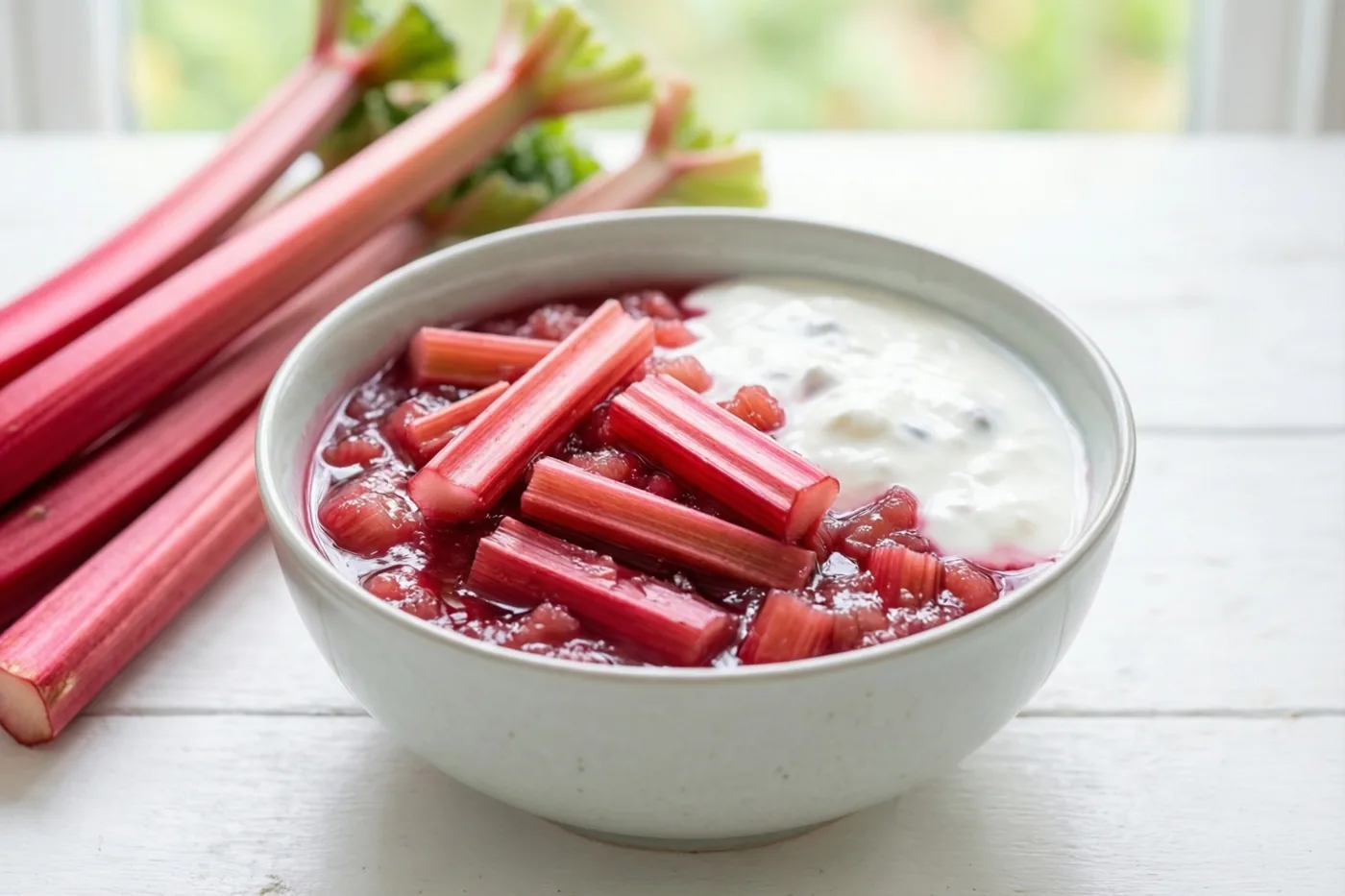 Een witte keramieken kom rode rabarbercompote met een schep witte yoghurt staat op wit hout naast roze rabarberstengels, in het daglicht van een raam op de achtergrond.