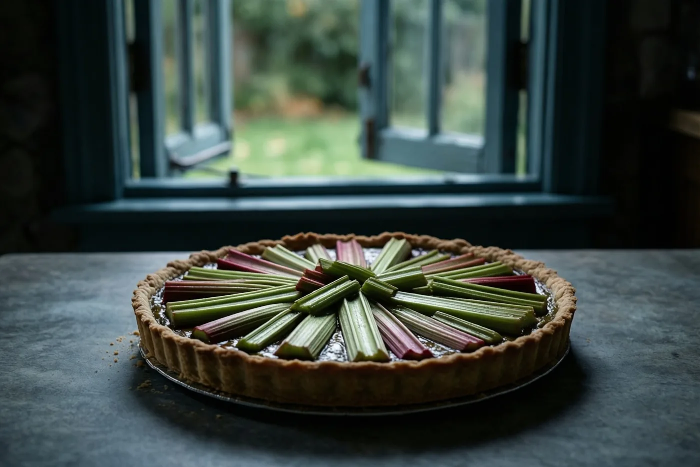 Een rabarbertaart met groene en rode stengels in een sterpatroon staat op een donkere tafel voor een open raam.