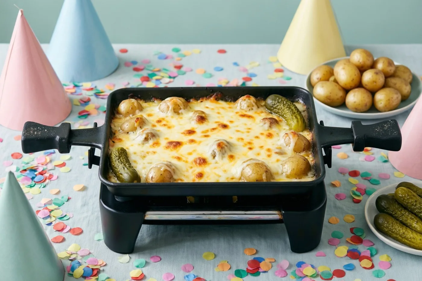Een raclettegrill met gesmolten kaas, krielaardappelen en augurken staat tussen confetti en pastelkleurige feesthoedjes tegen een lichtblauwe achtergrond.