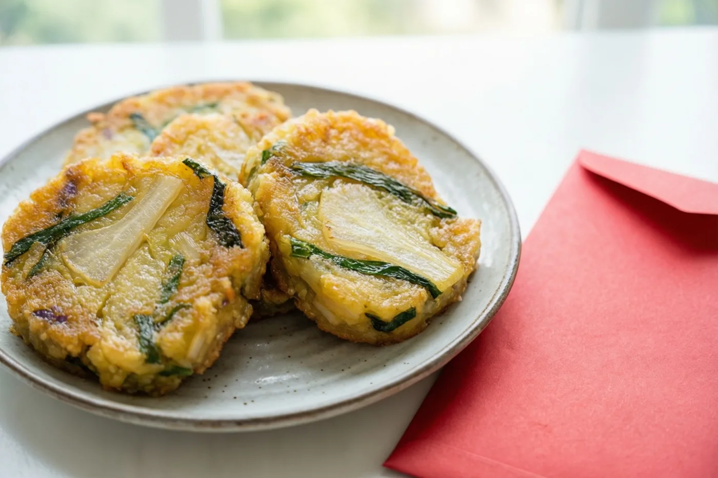 Drie gebakken plakken radijscake liggen op een gespikkeld keramieken bord naast een effen rode envelop, op een witte ondergrond in zacht daglicht van een raam.