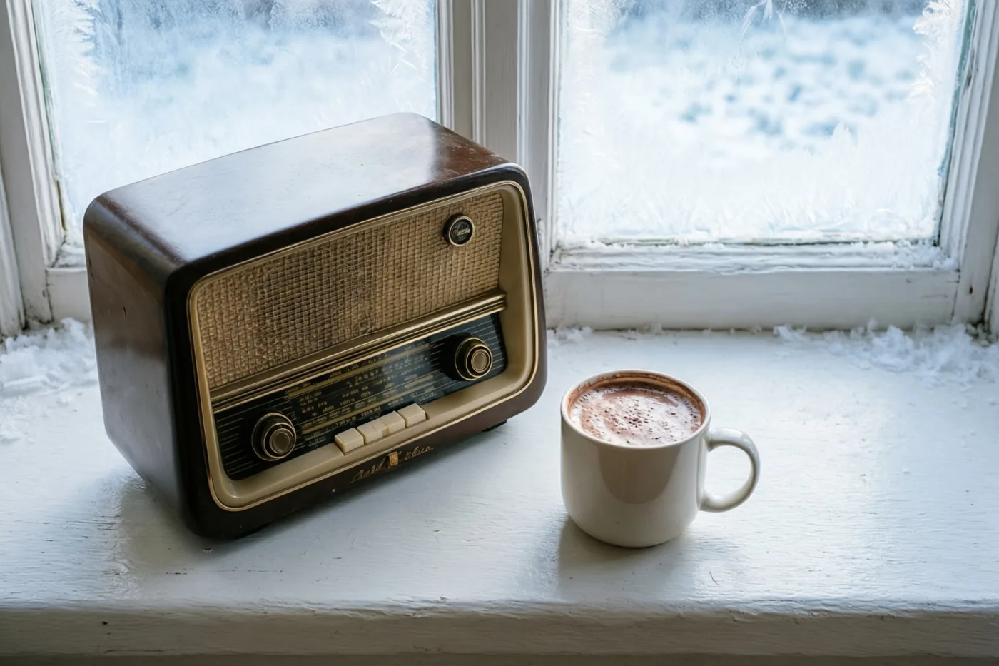 Een radio in de stijl van de jaren vijftig en een witte mok chocolademelk staan op een witte vensterbank achter glas met ijskristallen.