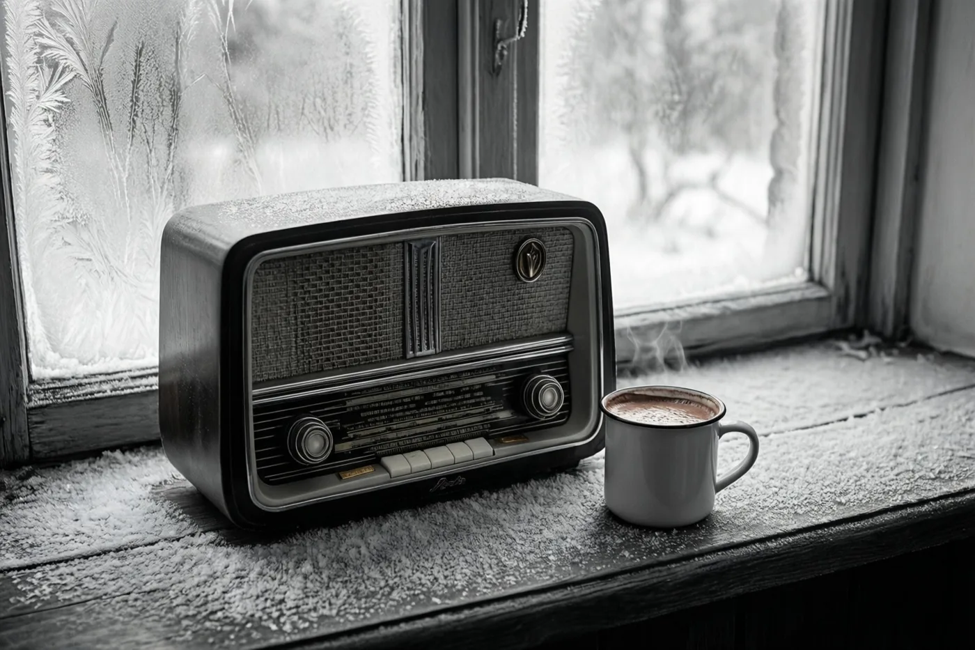 Een radio in de stijl van de jaren vijftig en een dampende mok chocolademelk staan op een berijpte vensterbank, voor een bevroren raam met uitzicht op sneeuw.