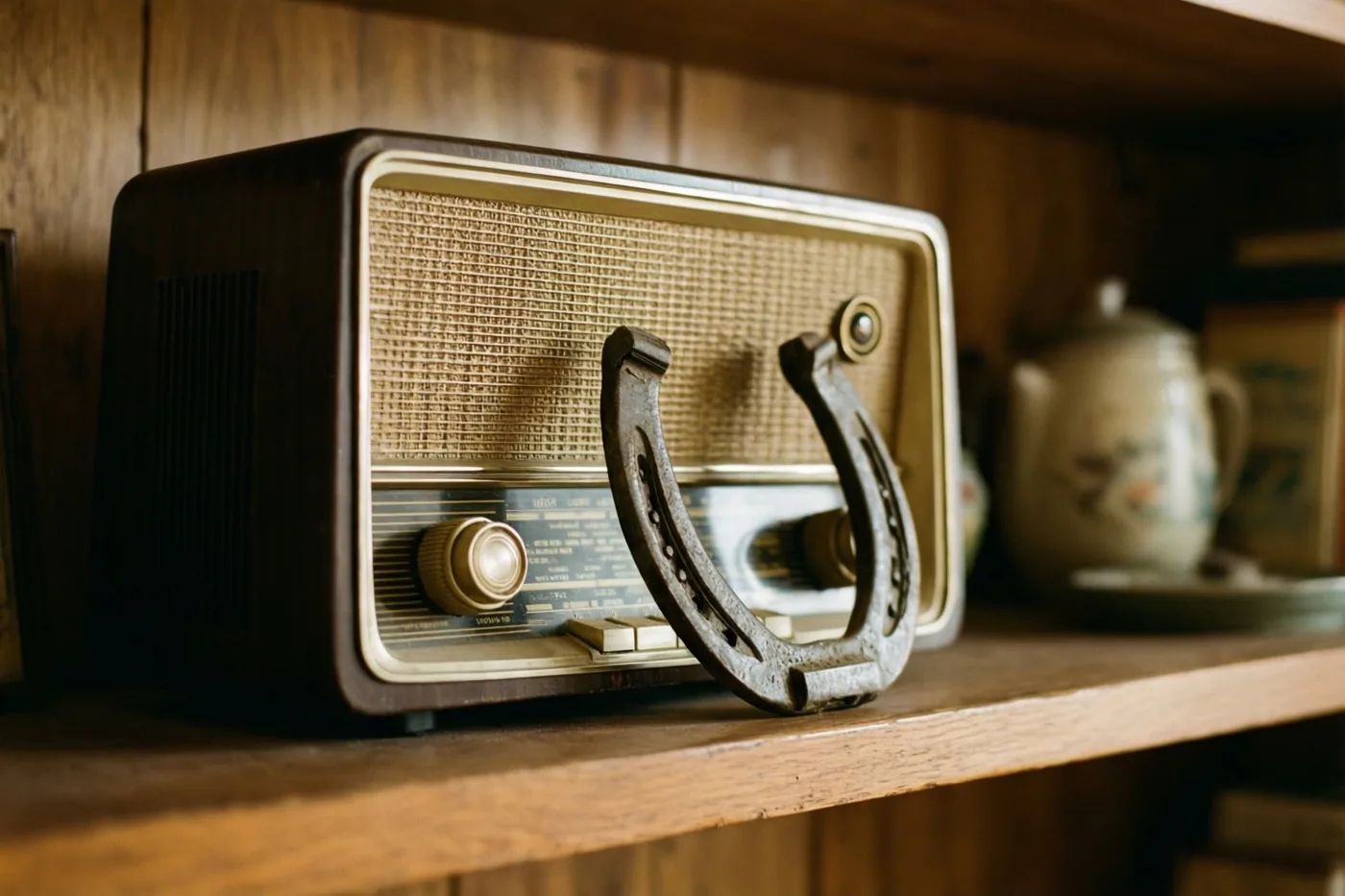Een oude radio en een verweerd hoefijzer staan op een houten plank in warm licht met bruine, beige en metaaltinten.